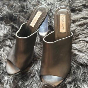 Steve Madden leather mule with 3.5 inch clear heel.